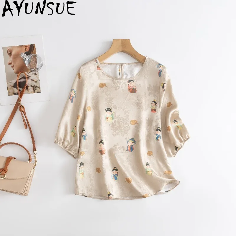 

AYUNSUE 100% Silk Women's T-shirts Chinese Style Half Sleeve Tops for Woman Casual Cute T Shirt Woman Clothes Summer Ropa Mujer