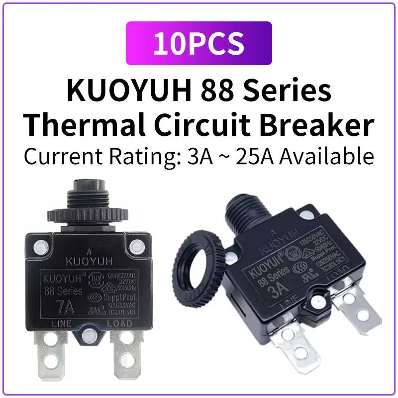 10PCS KUOYUH 88 Series Thermal Circuit Breaker Current Overload Protector 3A-25A 3-25 Amp Push Button Reset for Marine Auto