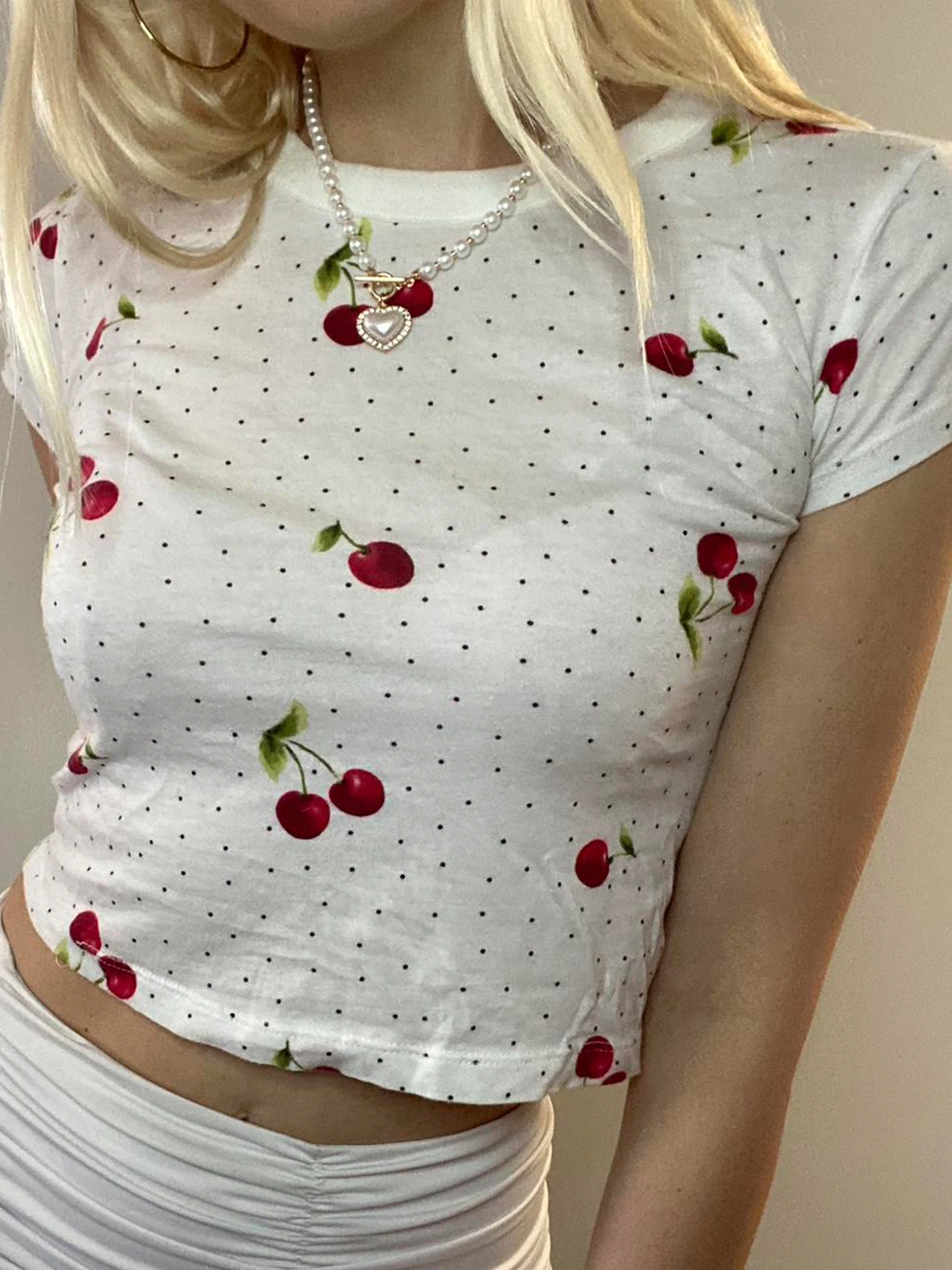 IAMSURE Casual Sweet Cherries Printed Dot Cropped T Shirt Sexy Slim O-Neck Short Sleeve Tees Women Summer Fashion Streetwear