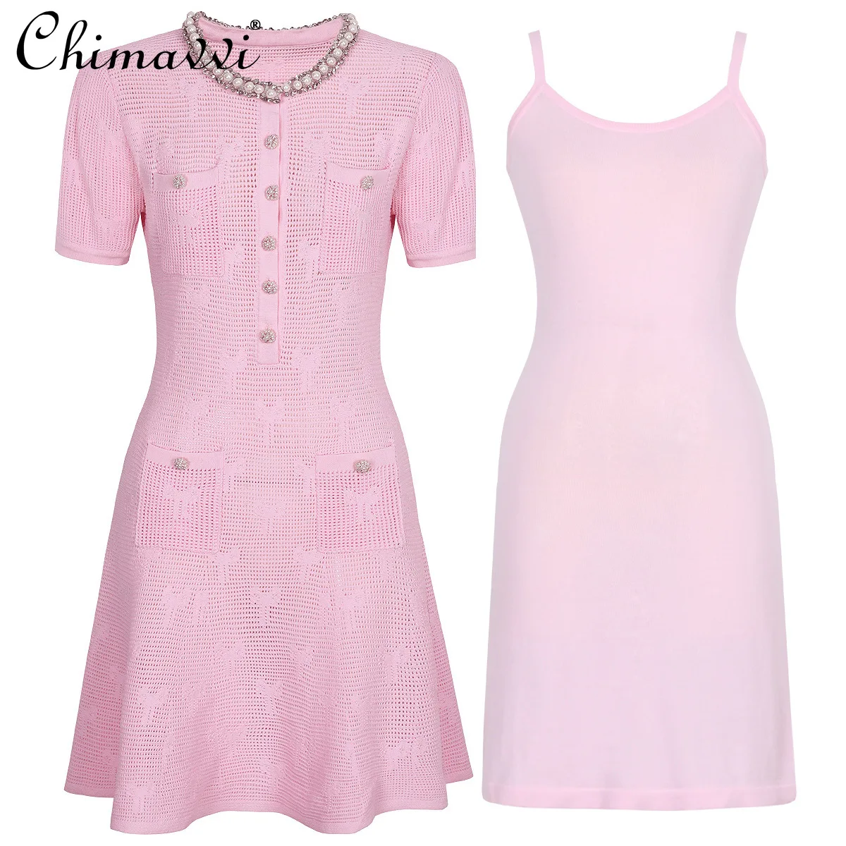 

High-end Beaded Fashion Knitted Slim-fitting Short-sleeved Dress 2025 Summer Clothes New Round Neck Temperament Women's Dress