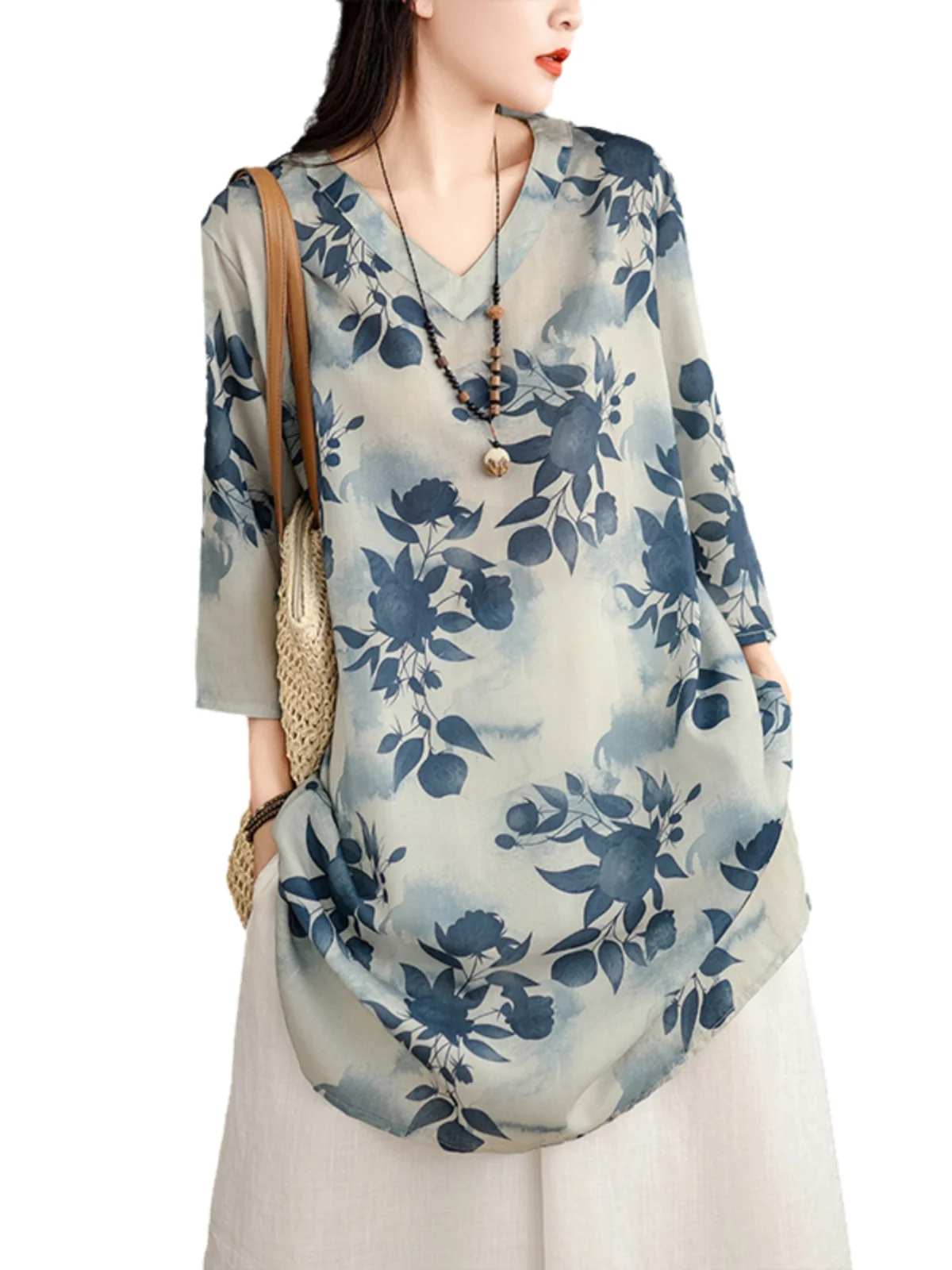 Luźna koszula damska z bawełny i lnu na lato, z dekoltem w serek, średniej długości, z nadrukiem, w stylu vintage, idealna do pracy.