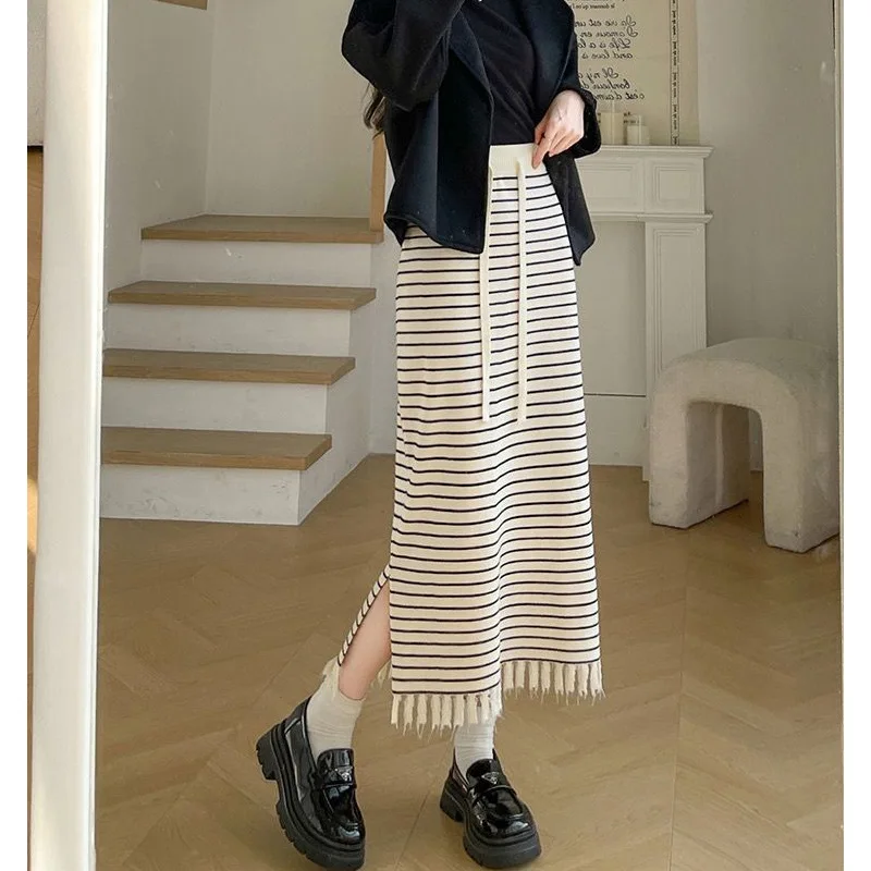 Skirts Women Mid Length Skirt Striped A Line Slim Fit Casual High Waist Elegant Splice Y2k Streetwear Work 2025 Autumn Winter
