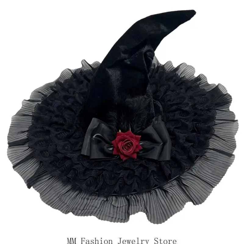 Halloween Party Witch Hat with Lace Mesh Trim and Pointed D0UB
