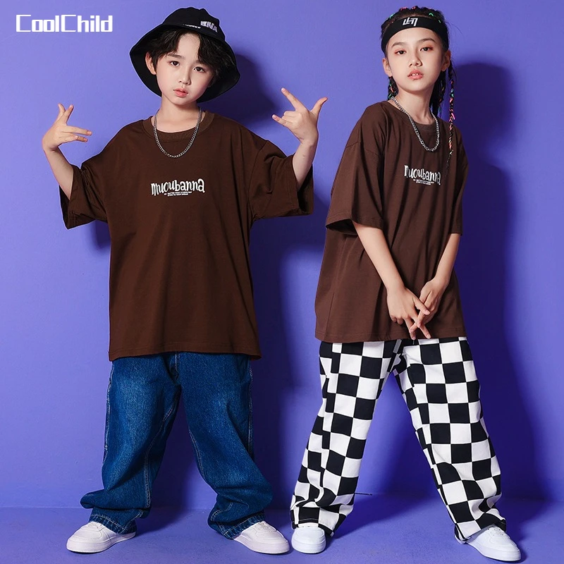 

Boys Hip Hop T-shirt Jeans Girl Summer Loose Top Plaid Street Dance Pants Kids Streetwear Child Jazz Costumes Stage Clothes Sets