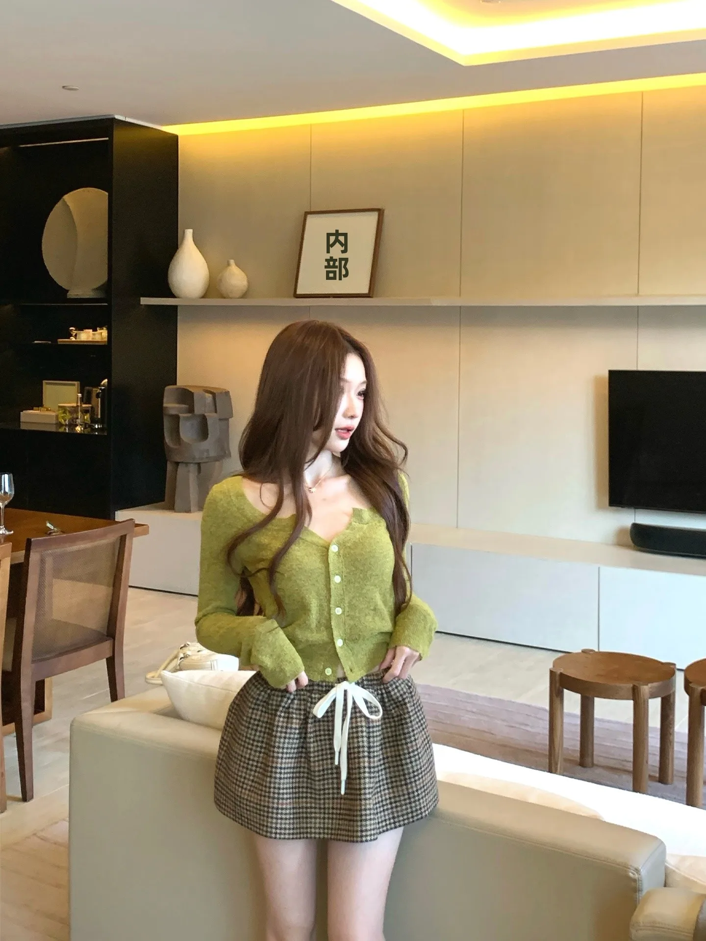 

Coolline Miu Series Biodiverse Dress with Patchwork Green Plaid Top And Skirt Set Women's Fashion Spring Collection