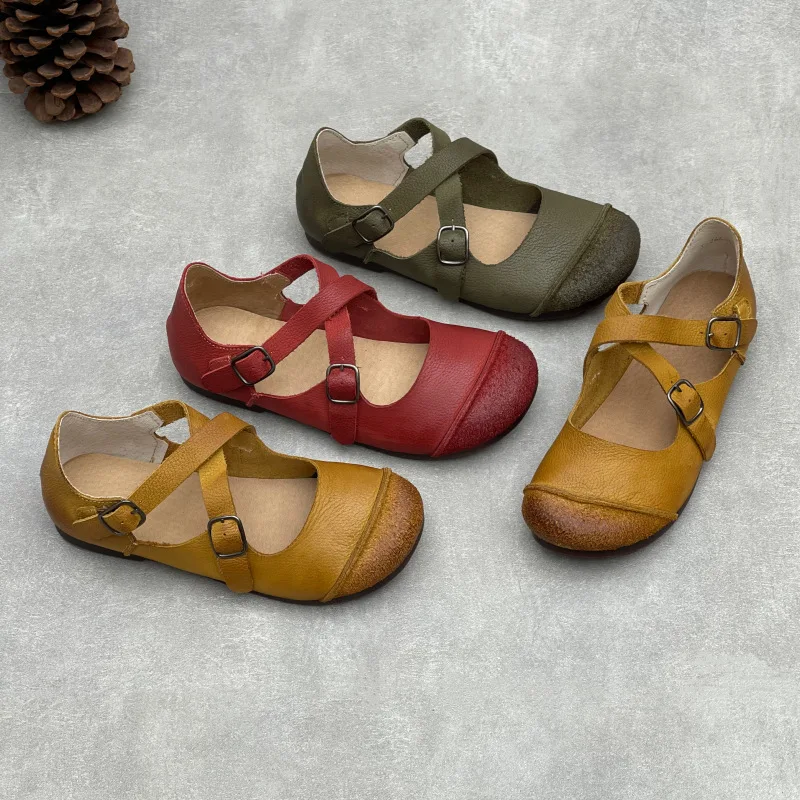 Chaussures plates Mary Janes pour femmes, originales, faites à la main, en cuir de vache véritable, avec boucle de ceinture, bout rond rétro, à brides croisées, confortables et décontractées