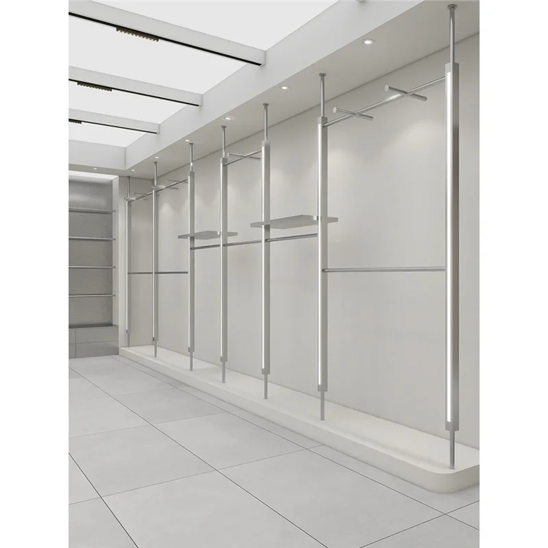 Clothing store display rack Wall-mounted stainless steel clothes rack column with lamp Men's and women's clothing store