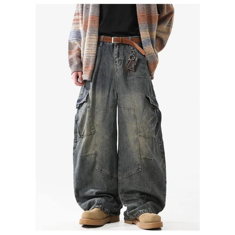 American Retro Multi Pocket Denim Cargo Pants for Men 2026 New Washed High Street Hip-hop Loose Wide Leg Jeans Y2k Streetwear