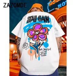 ZAZOMDE Street Cotton Man T-Shirts Positive Vitalty Smiling Flower Printing Short Sleeve Oversize O-Neck Soft Trend Mans Clothes