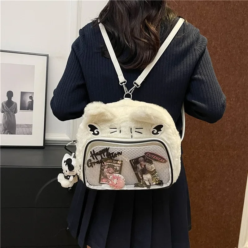 Xiuya Plush Cat Womens Backpack Y2k Fluffy Cute Casual Transparent Ita Bag Fashion Kawaii Japanese Style Lolita Jk Shoulder Bag