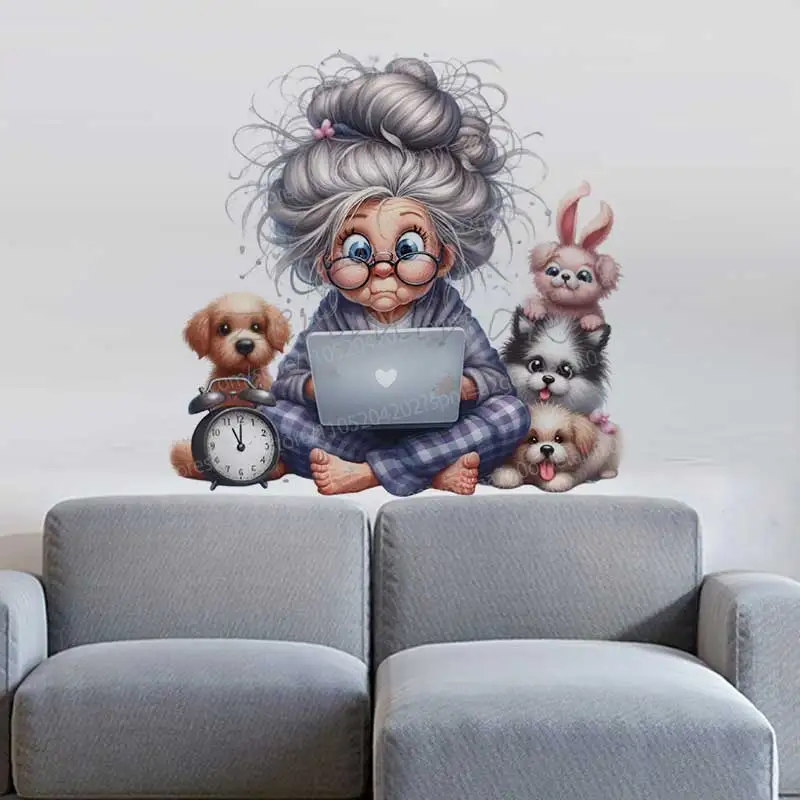 Cute Grandma Pet Wall Stickers Funny Senior Lady with Laptop Decorative Mural for Bedroom Living Room AA211
