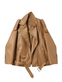 Ailegogo-女性用合成皮革ジャケット,ストリートウェア,ルーズベルト,ジッパー,シックなアウター,バイクコート,春,秋