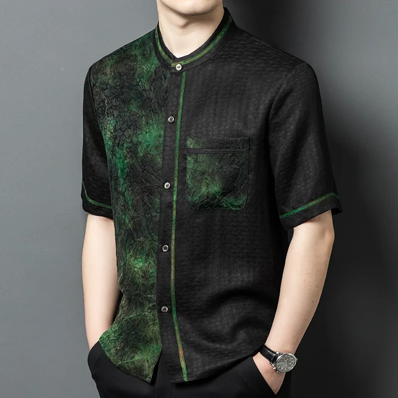 

Real Silk Men's Summer Thin Heavy Xiangyun Yarn Short Sleeve Shirt Middle-Aged Leisure Loose Breathable Stand Collar Top Men