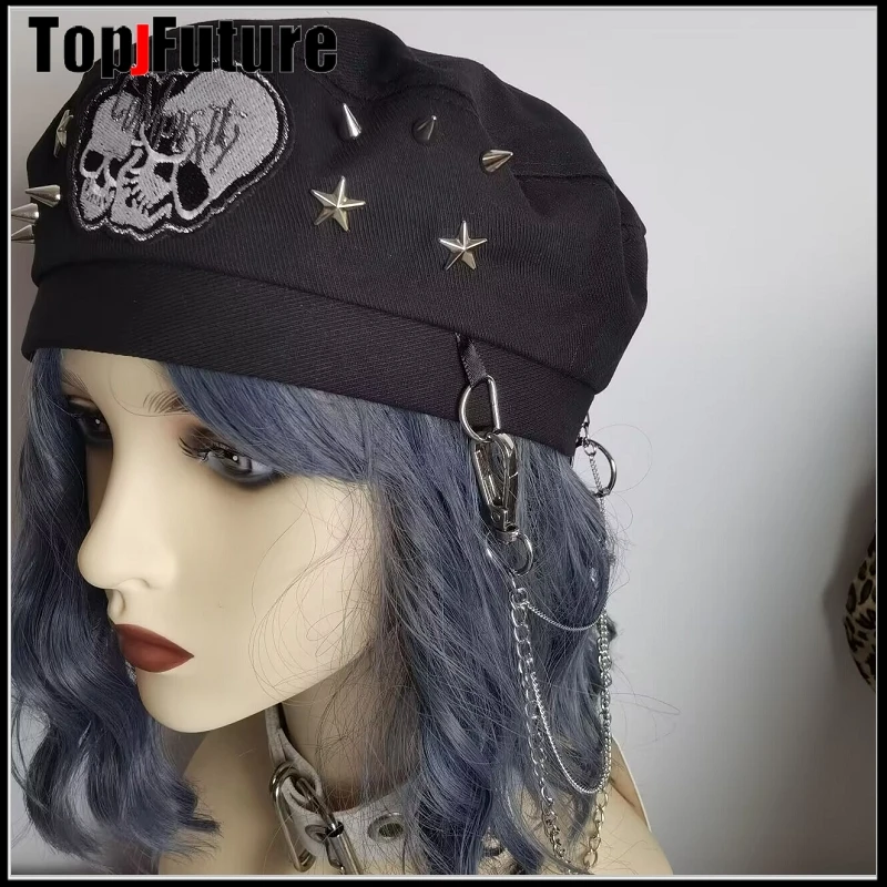 Harajuku Gothic Lolita Cosplay Rock Beret hat Cap Autumn Winter Y2K Girl Women\'s Punk Metallic Handmade skull decorative hats