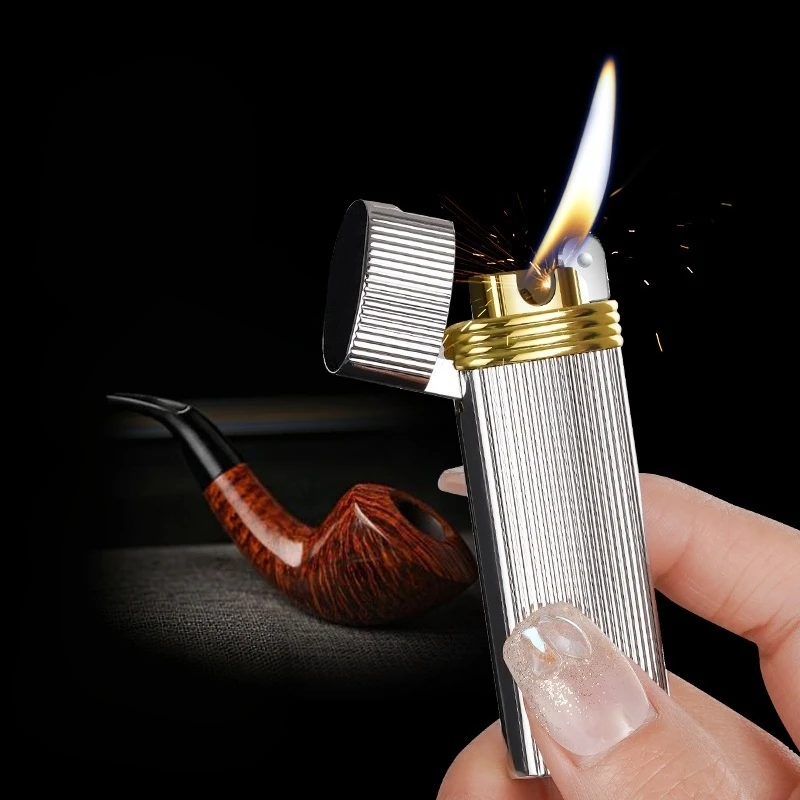 Metal Compact Slant Fire Special Pipe Lighter Classic Grinding Wheel Ignition Open Flame Portable Butane Gas Lighters Smoking