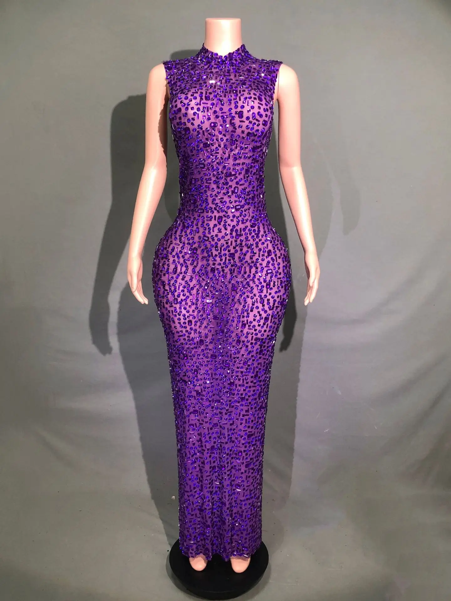 

Real Photos Women Luxury Purple Evening Party Dress Sexy Elegant Bright Crystal Mesh Bodycon Long Celebrity Birthday Gowns