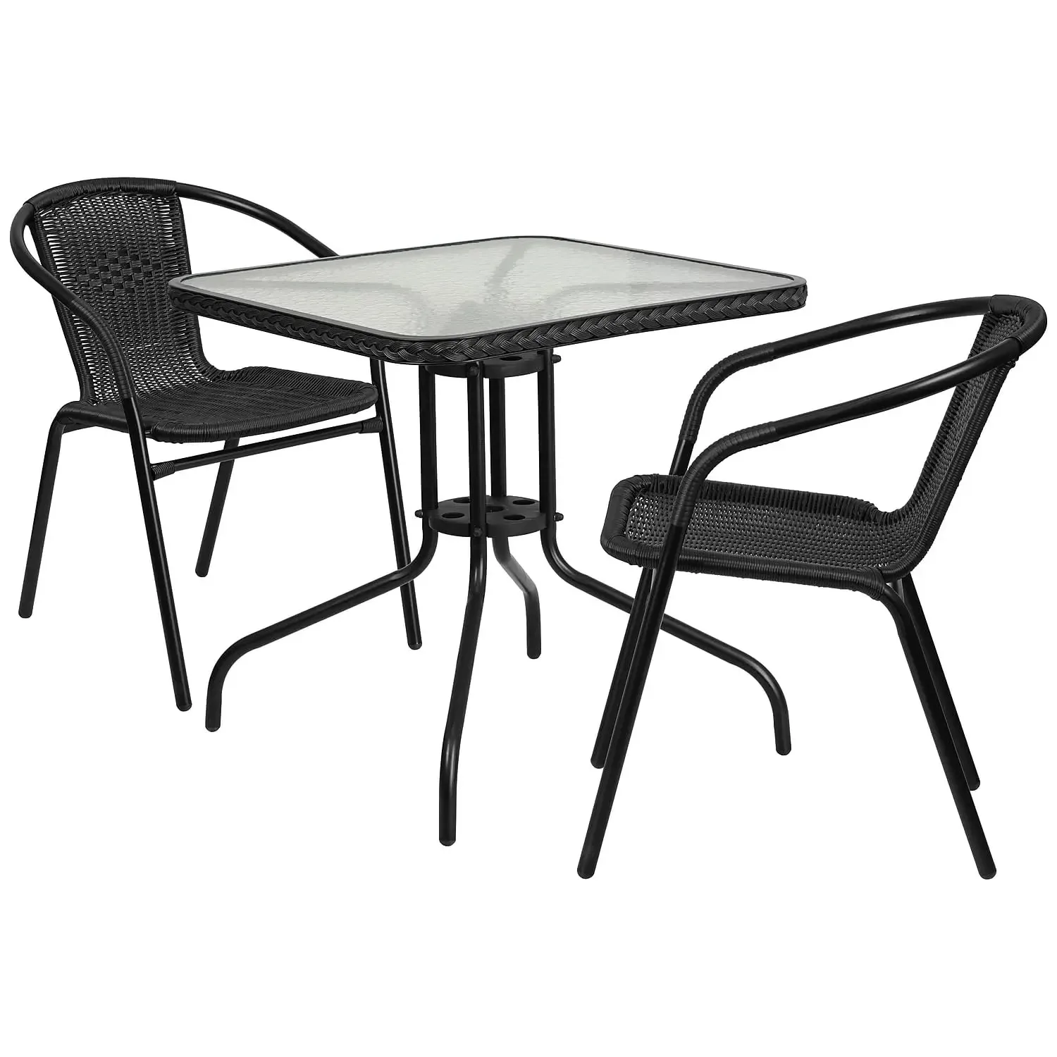 Lila 28'' Square Glass Metal Table with Black Rattan Edging and 2 Black Rattan Stack Chairs | Tempered Glass, Black