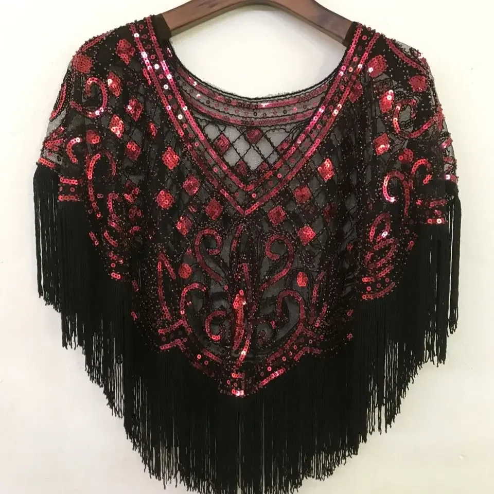 

New Fashion Black Gold Shiny Sequined Wedding Shawls Beaded Bridal Short Wraps Long Tassel Women Wedding Accessories Y41