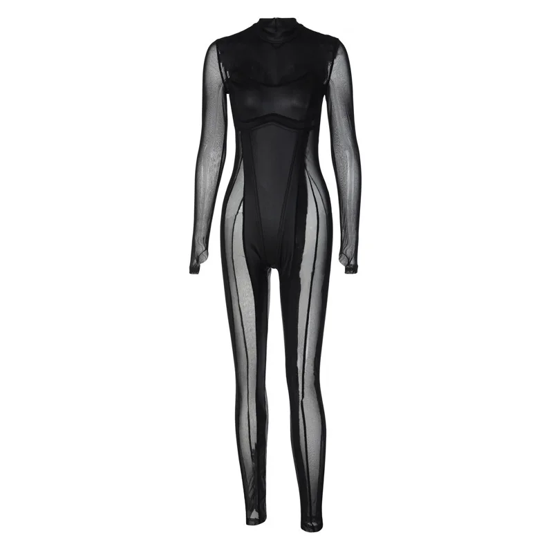 Sexy Black Mesh Jumpsuit Women PU Leather Long Sleeve Back Zipper Bodysuit Latex Catsuit Club Wear Bodysuit Streetwear