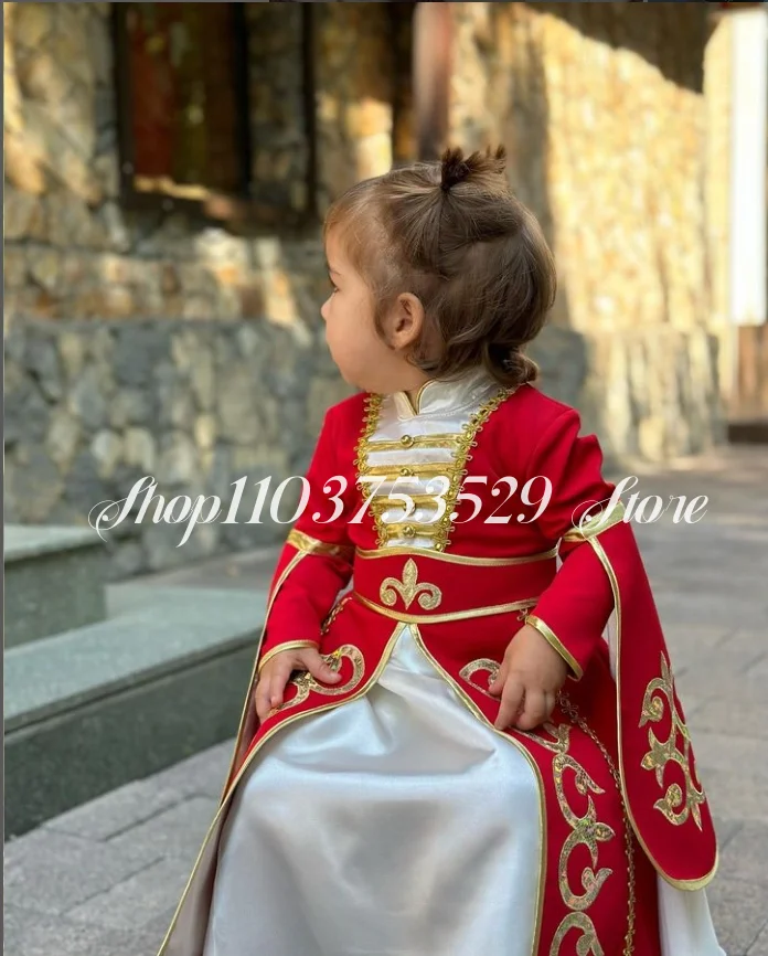 Arab Ethnic Prom Flower Girl Dress 2025 Luxury Burgundy Long Sleeve Split Embroidered Applique Caucasian Customised فساتين سهره