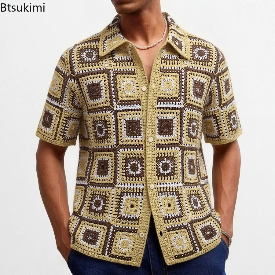 New Men's Knitted Hollow Out Polo Shirts Summer Fashion Short Sleeve Cardigans Retro Ethnic Style Premium Crochet Knitting Shirt