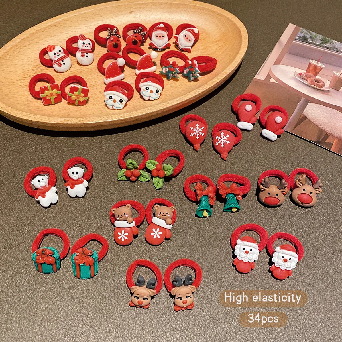 34 Christmas cartoon cute rubber bands, Santa Claus snowman hairbands, suitable hair accessories for Christmas use