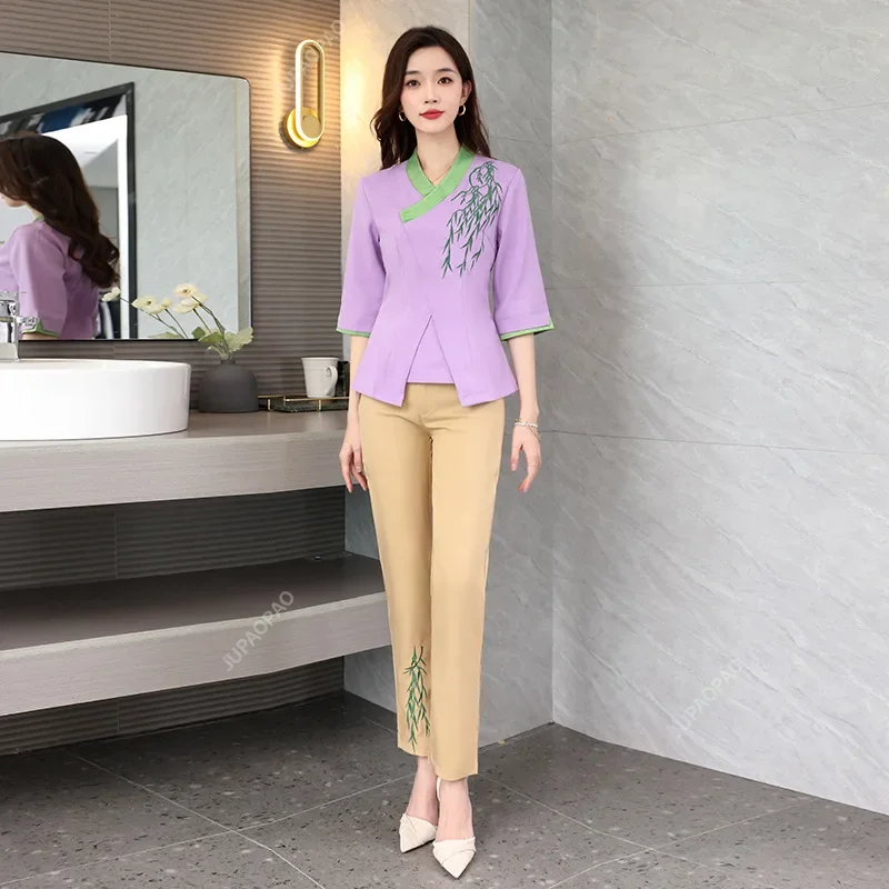 Purple Women's Beauty Salon Summer Set New Women's Top Two-piece Set Chinese Beautician Work Suit Foot Bath Sauna Technician Set