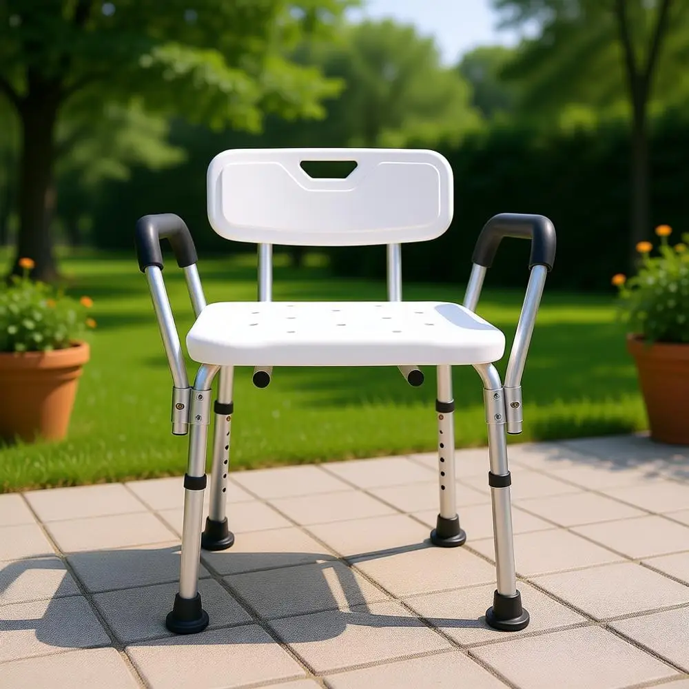 

Durable Shower Seat with Backrest and Padded Armrests, Height Adjustable, Suitable for Elderly and Disabled Bathing Needs