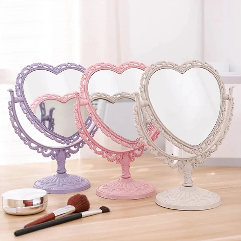 Desktop Makeup Mirror Heart Shape Makeup Vanity Portable Double-side Vanity Mirror Cosmetic Compact Mirror For Women