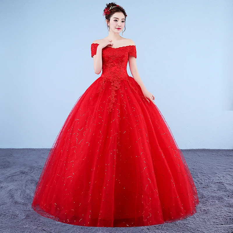 Vestidos De Novia con foto Real, cuello De barco, encaje sin hombros, rojo, romántico, Princesa, Apliques De encaje, 2020