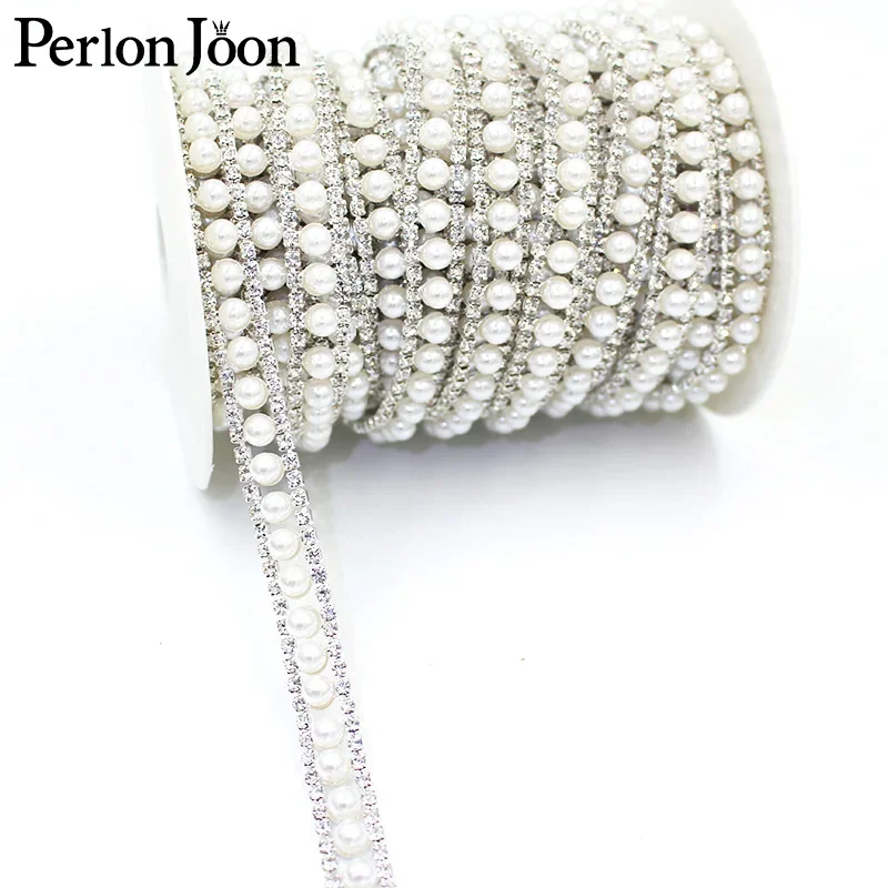 1 Yard White Pearl Rhinestone Trim Ribbon Crystal Silver Pearl Flat Chain Bridal Wedding Dress Decoration Accessories ML150