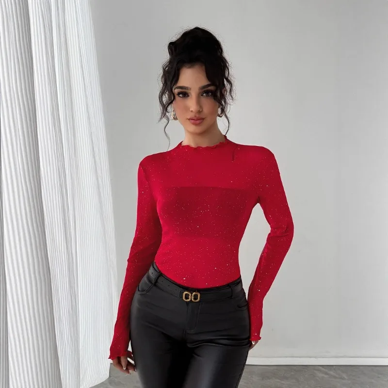 2025 novas camisetas finas sexy lantejoulas algodão manga longa verão topos macio fino transparente camiseta femme roupas femininas