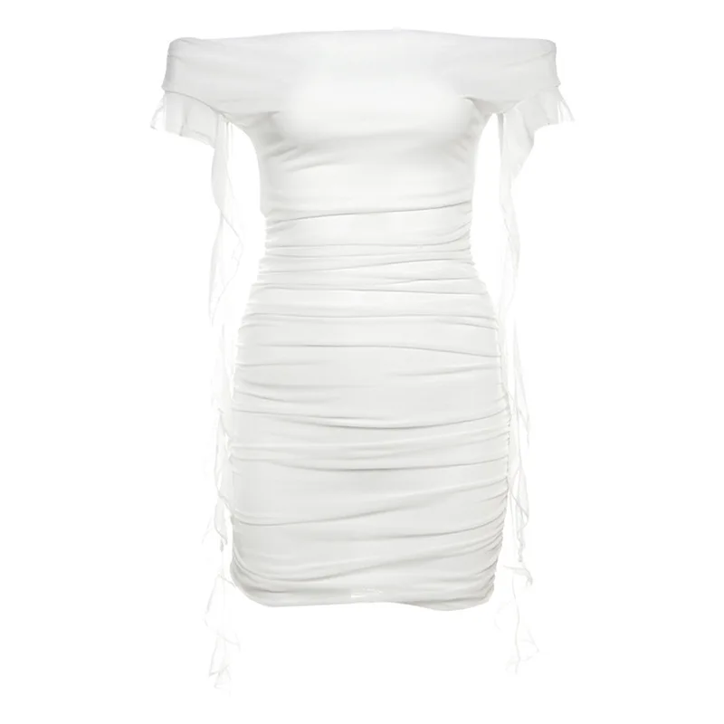 

Mesh Patchwork Mini Dress Women Ruched Slash Neck Off Shoulder Backless Tassel Midnight Club Party Elegant Skinny Outfits