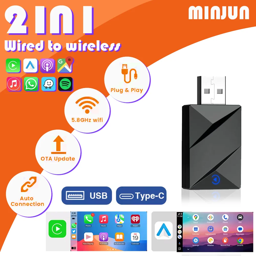 

2025 2 in 1 Multifunction Wireless CarPlay Android Auto Adapter for Benz Volvo Audi VW Mazda MG Peugeot With Wired CarPlay Car