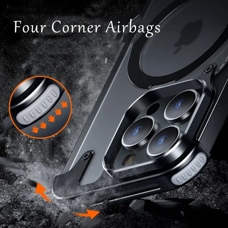 Aluminum Alloy Magnetic Stand Rimless Phone Case For iPhone 13 14 15 Pro Max 15 Pro Metal Lens Shell Frosted Matte Back Cover image 5