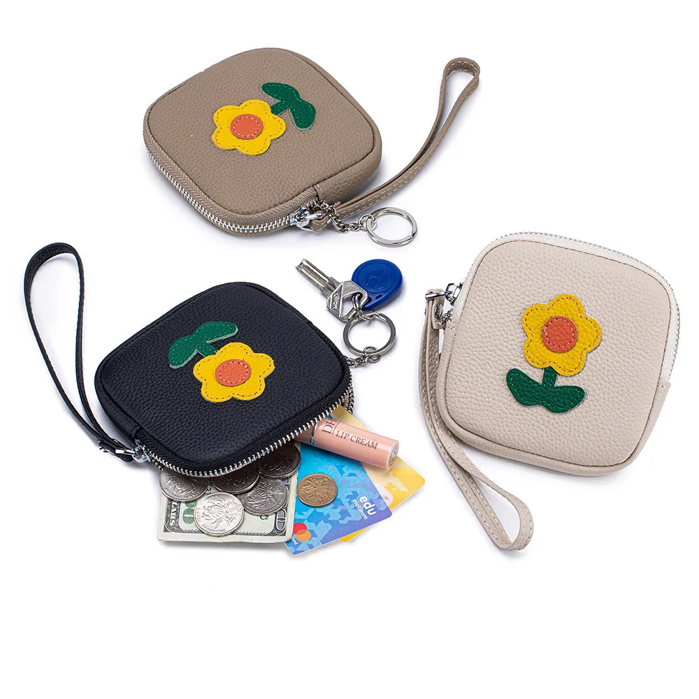 Genuine Leather Small Flower Coin Purse Cowhide Wrist Card Holder Clutch Creative SunflowerKey Lipstick Earphone  Storage Bag.