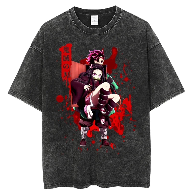 

New Harajuku Demon Slayer Graphic T Shirt Men Vintage Oversized Anime Washed T Shirts for Women Streetwear Summer Tees Tshirt