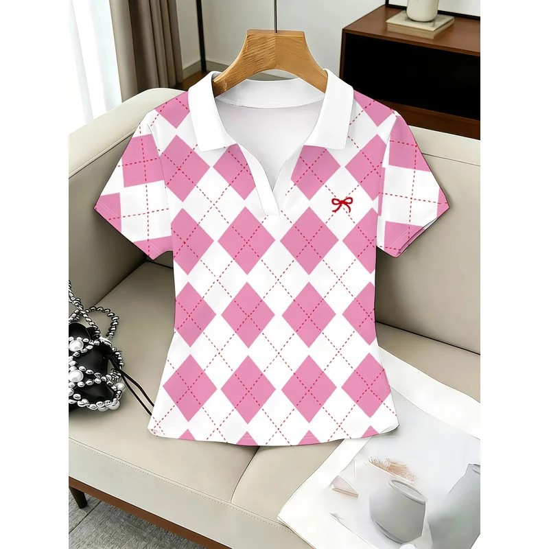 2026 Pink Diamond Print Women's Short Sleeve Shirt Polo Shirt, Fashionable, Casual, and Versatile T-Shirt