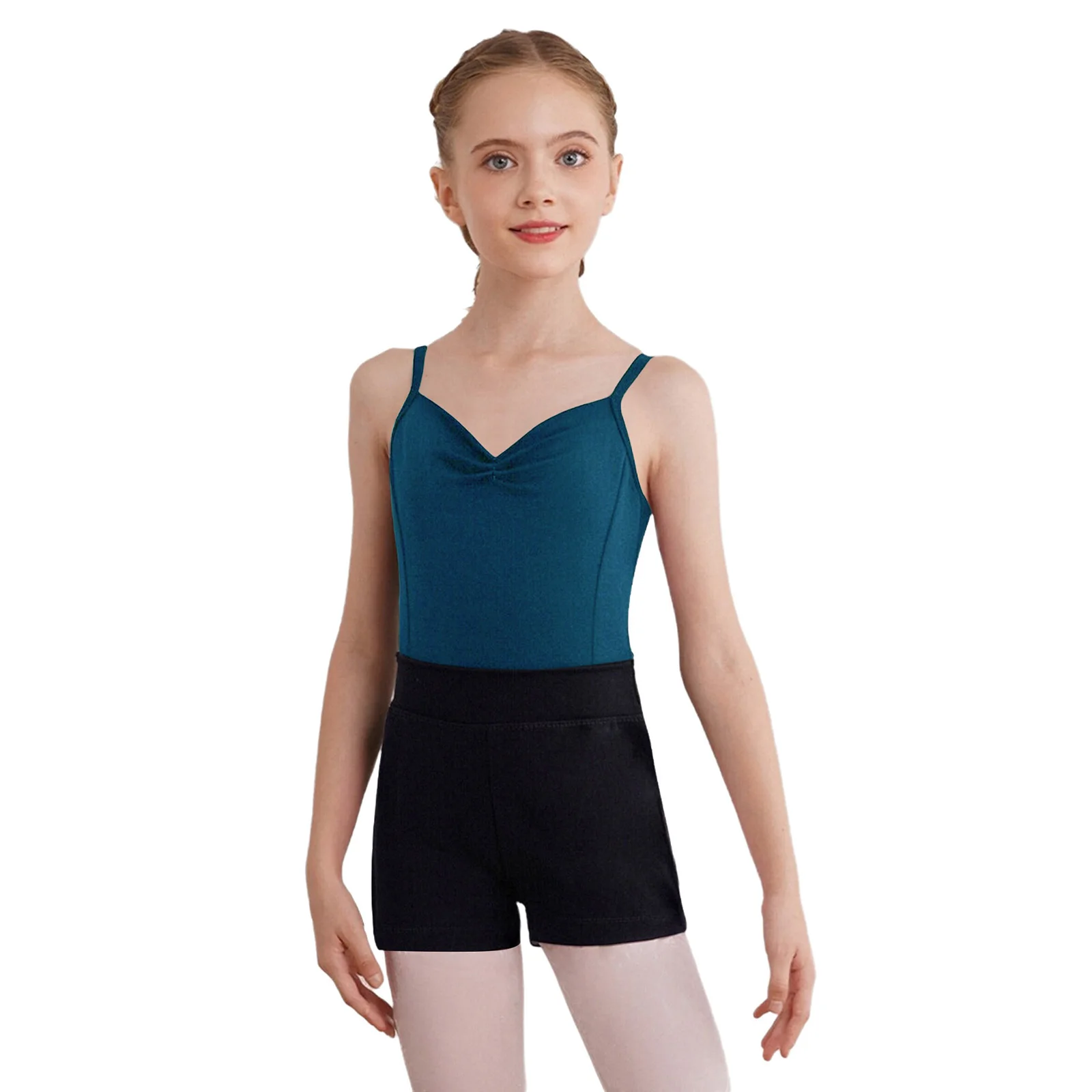 2Pcs Kids Girls Ballet Dance Bodysuit Sleeveless Backless Adjustable Spaghetti Straps Ruched Leotard+Shorts Gymnastics Costumes