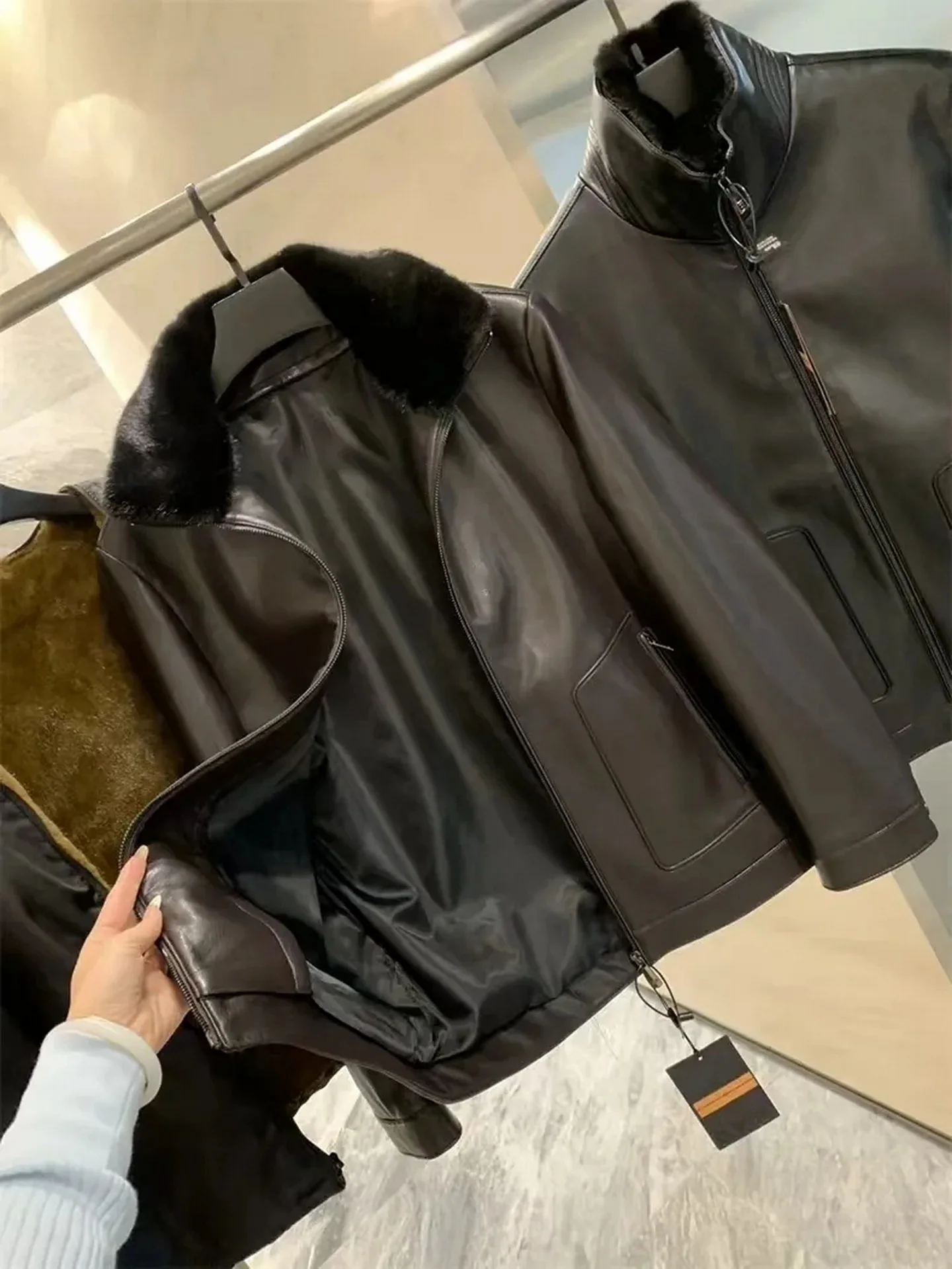 

Men's Casual Leather Jaet Removable Inner Liner Warm Fur Collar Busin Casual Turn-down Collar PU Imitation Leather Coat