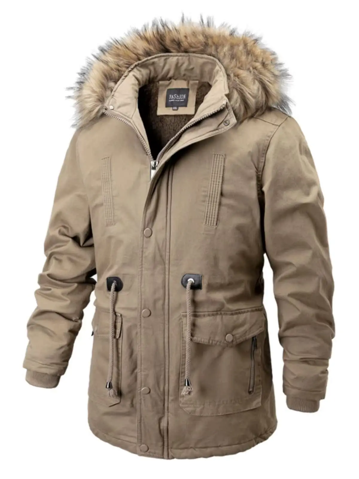 

Теплая флисовая куртка с капюшоном для мужчин, удлиненная, из хлопка, молодежная, повседневная, свободного кроя, в стиле рабочей одежды, модная