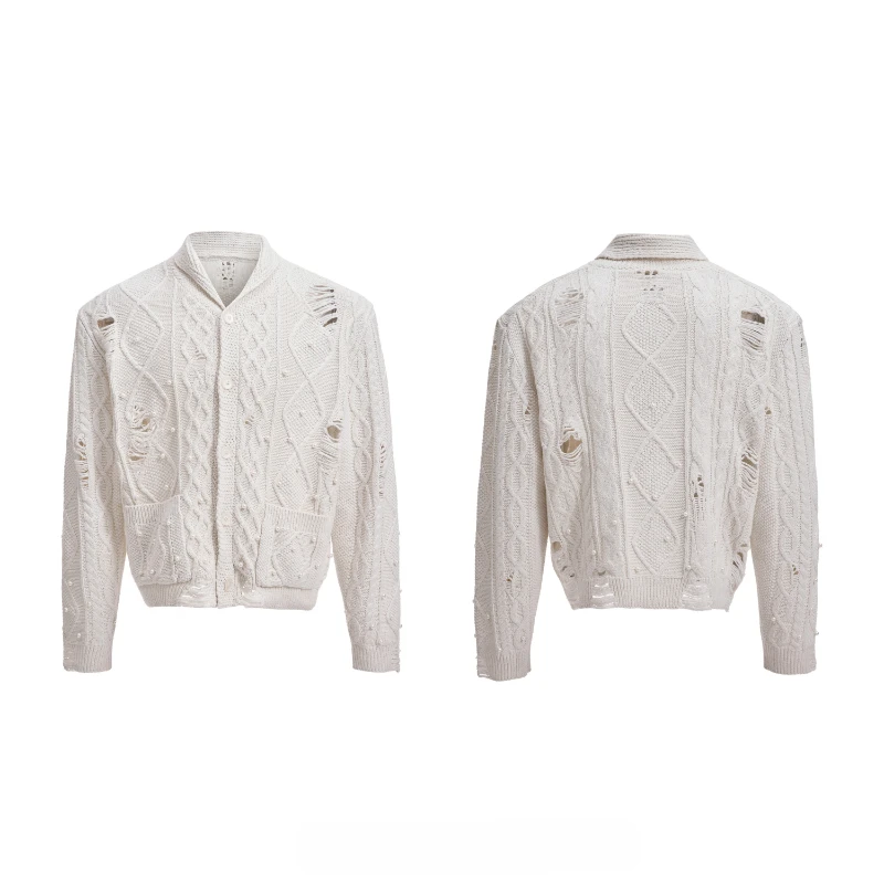 2025 Autumn New Fashion Pearl Design Sweaters Hollow Out Knitted Cardigan Long Sleeve Coats Male Handsome Solid Color Knitwears