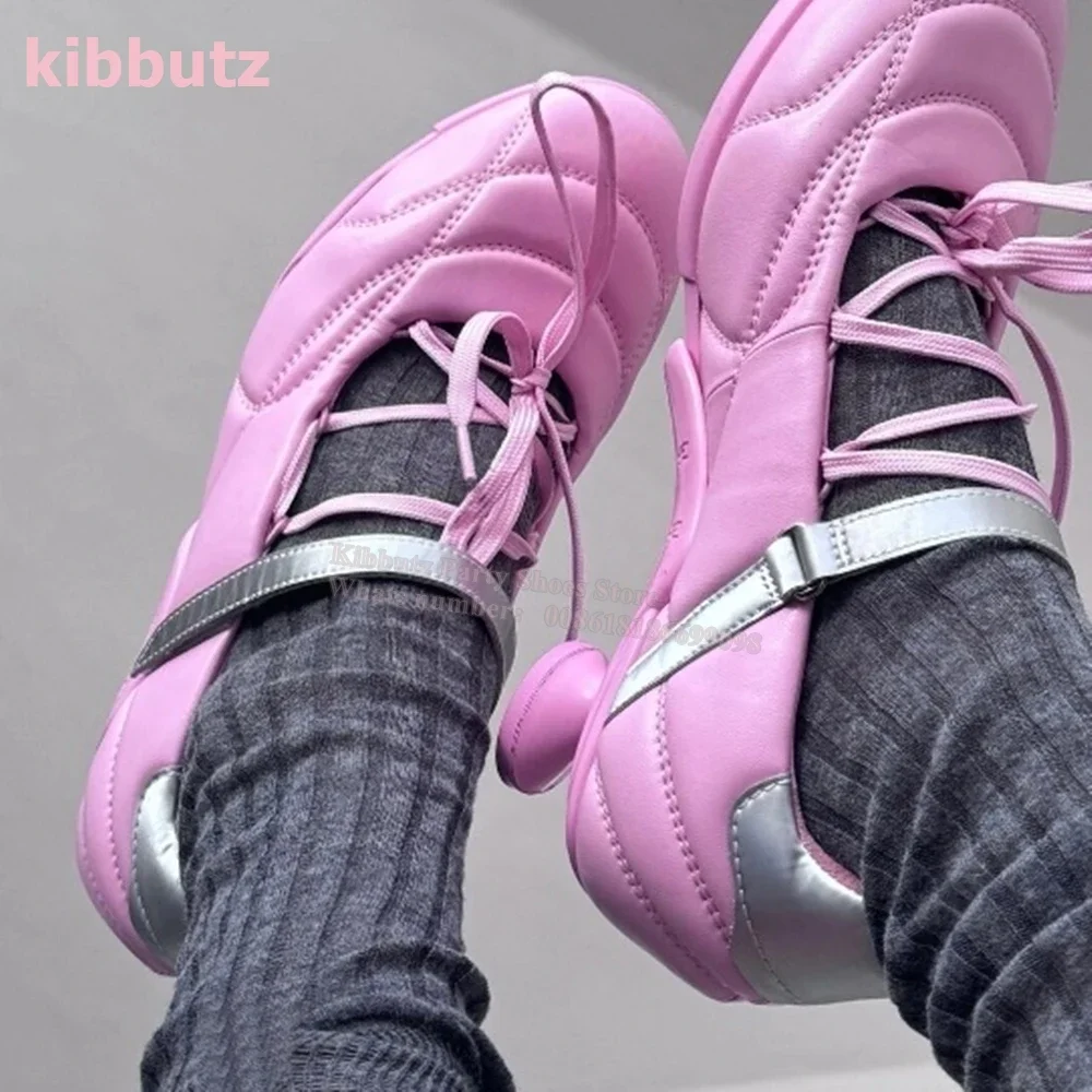 

Lace-Up Strange Heels Sneaker Pump Round Toe Luxury Leather Solid Color Slip-On Fashion Novelty Sexy Concise Women Shoes Newest