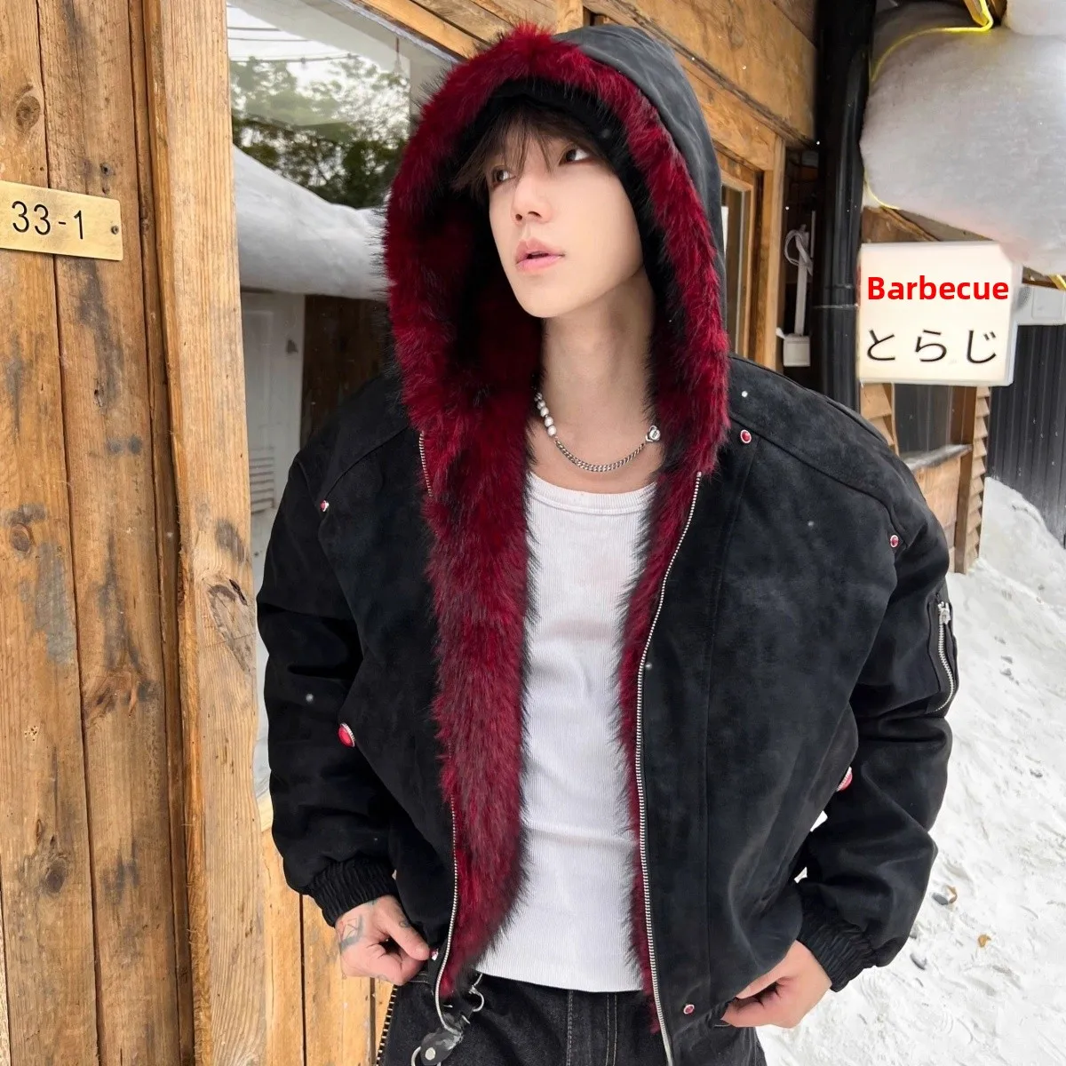 

Trendy Red PU Leather Hooded Jaet ex k Red Casual Versatile Personali Outerwear Warm Thiened Polyester Filling