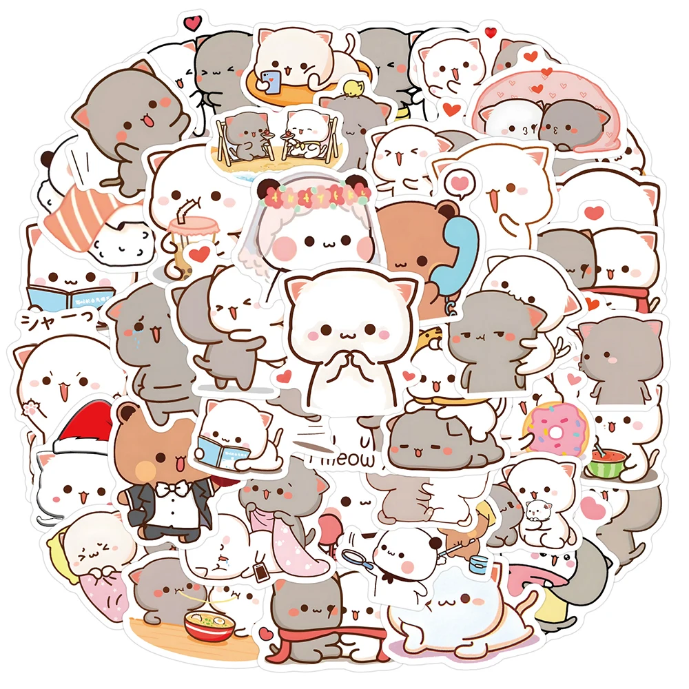10/30/60pcs Cute Couple Cat Cartoon Stickers Aesthetic DIY Laptop Scrapbook Diary Phone Waterproof Kawaii Decoration Decals Toys