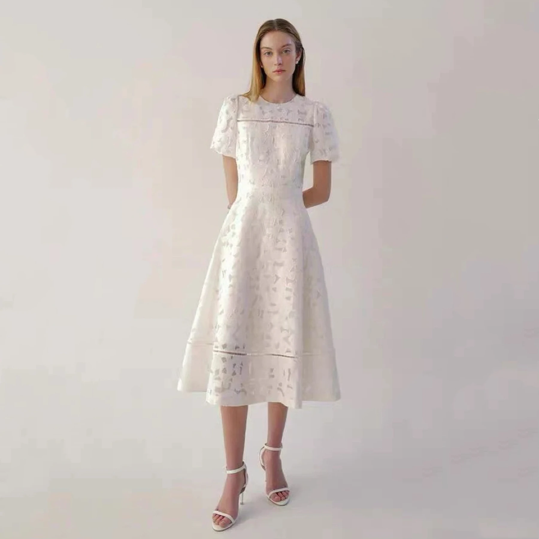 

Ele round Ne Hollow out Design Bubble Sve Slimming Dr Original Korean Single BU Summer Ci Commute A-Line Skirt