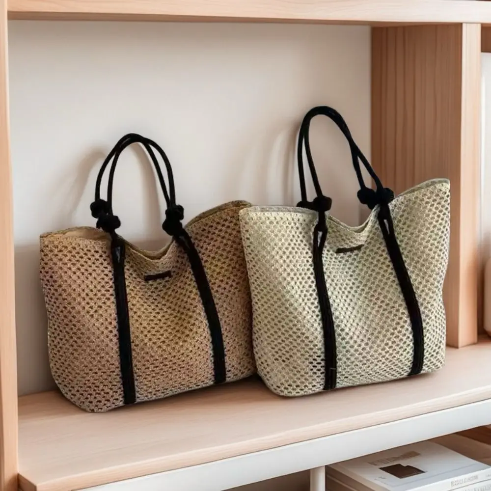 

Bohemian Style Handmade Straw Woven Bags Solid Color Zipper Closure Shopping Tote Bag Top-Handle Portable Beach Handbags Holiday