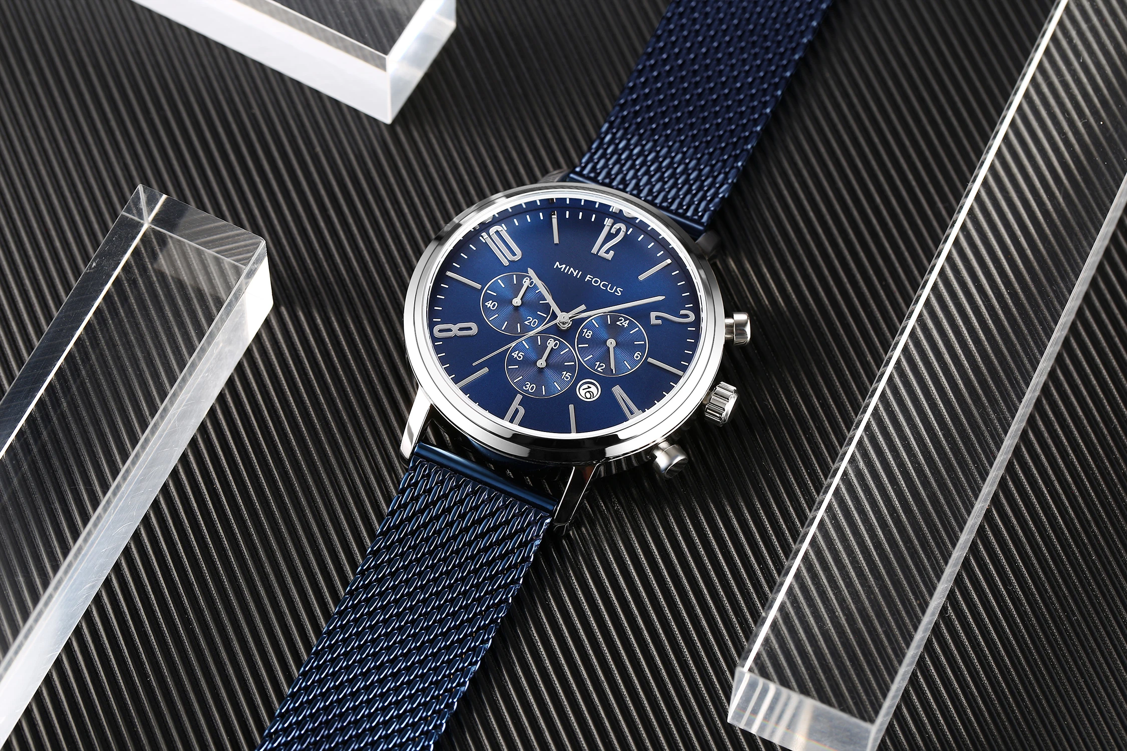 Mini Focus MF0183G Orologio da polso multifunzione Maglia blu Cinturino in acciaio inossidabile Cronografo impermeabile Orologi al quarzo da uomo di moda