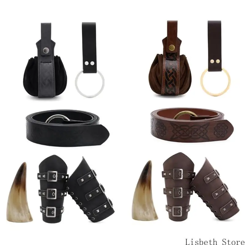 

124A Renaissances Costume Vikinges Costume Accessories Set Medieval Pirate Leather Belt Bracers Cosplay Halloween Costumes