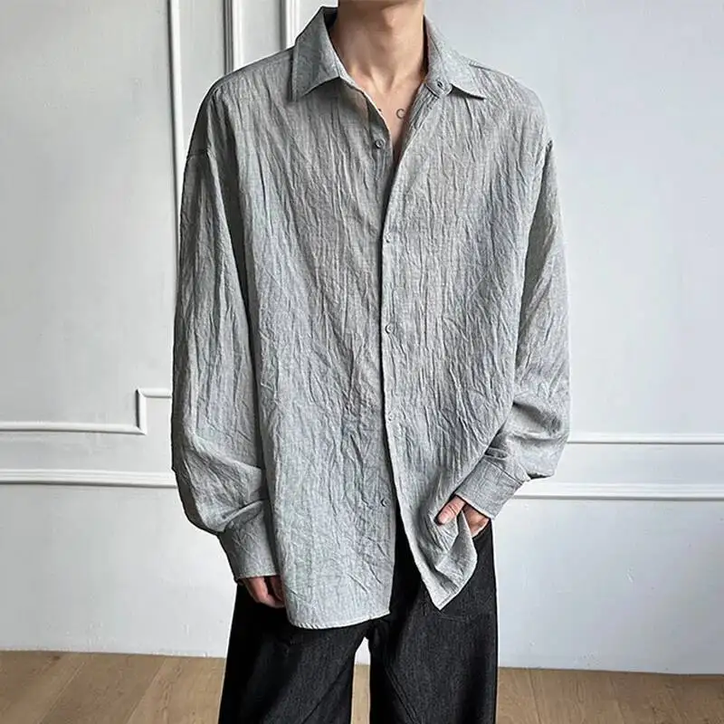 2026 Spring New Lightweight Long Sleeve Men Shirt Wrinkle Texture Sun Protection Shirts Lapel Single-breasted Tops SCD45